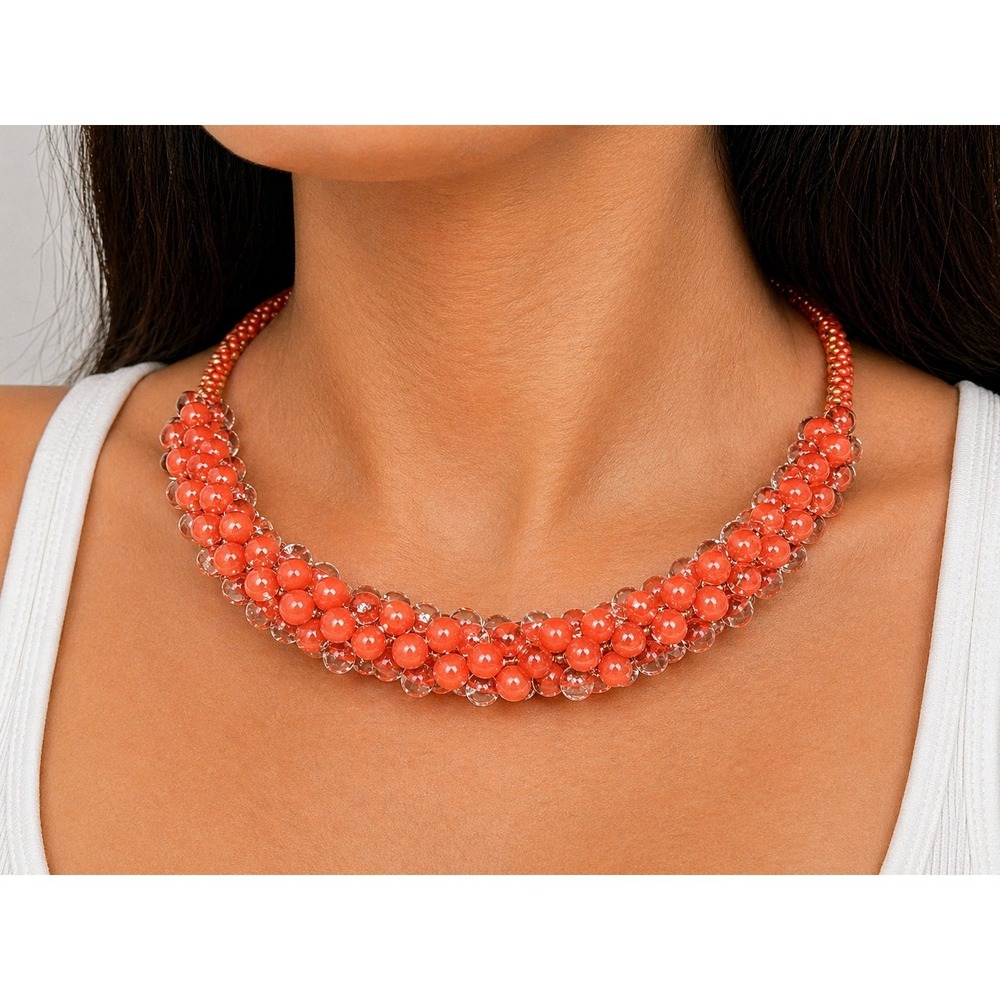 Y2K Orange Glass Bead Cluster Necklace 18" Magnetic Clasp Woven Seed Beads